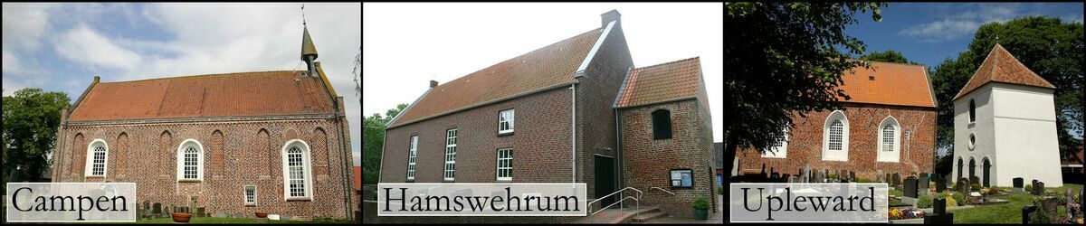 Sammelbild der drei Kirchen Campen (CC-BY-SA 3.0 Frisia Orientalis), Hamswehrum (CC-BY-SA 3.0 Frisia Orientalis) und Upleward (CC-BY 3.0 Matthias Süßen)
